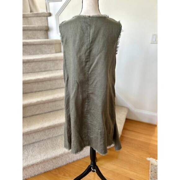 LJC Designs Olive Green Frayed Hem Linen Tulip Skirt Shift Dress - Picture 2 of 7